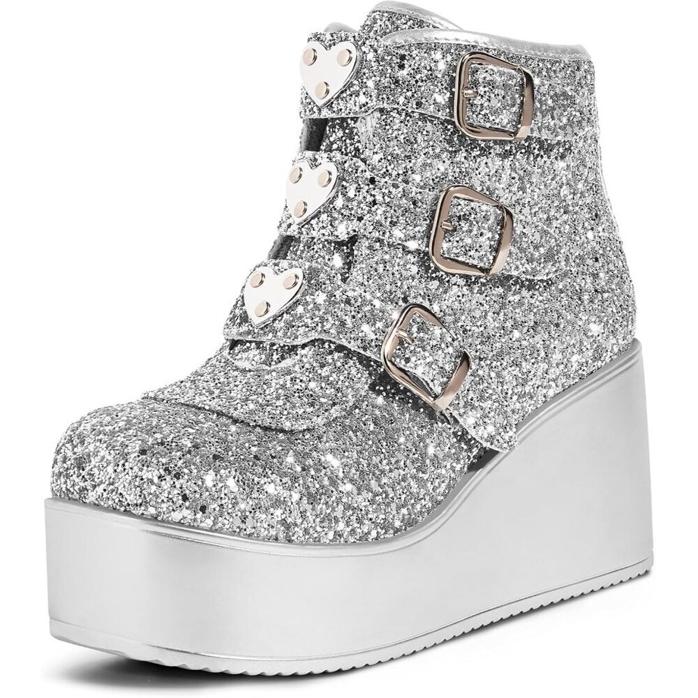 Lucky Step Women's Silver Glitter Ankle Boots Round Toe Zipper Wedges High Heel